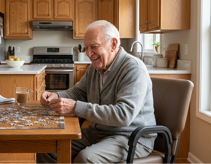 Man sitting at a kitchen table working on a puzzle, surrounded by kitchen appliances and decor.